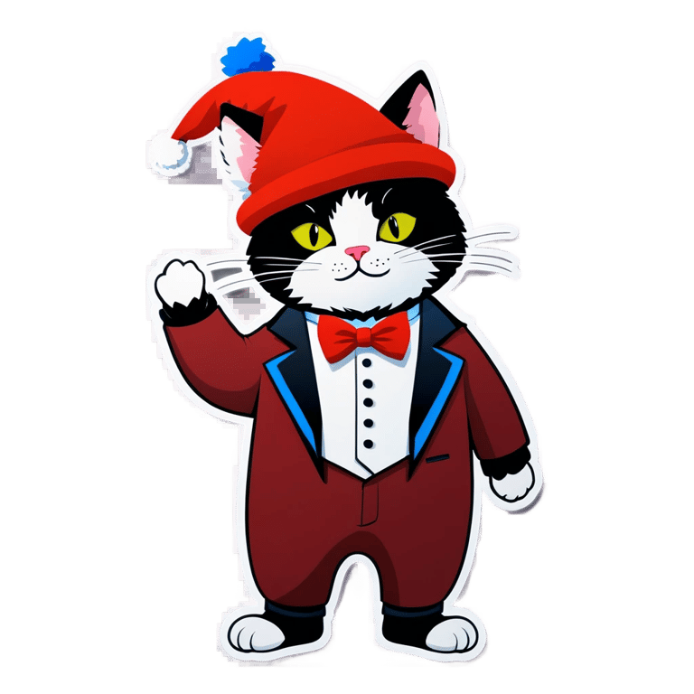絵文字：赤い帽子とスリッパ、タキシードを着た猫