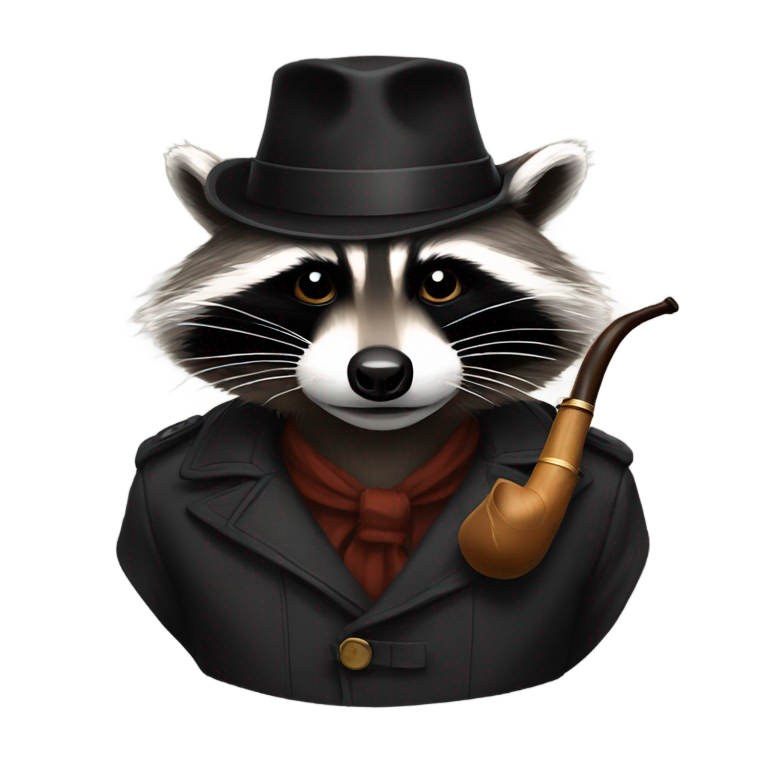genmoji : Un raton laveur portant un chapeau noir et une pipe dans la bouche.