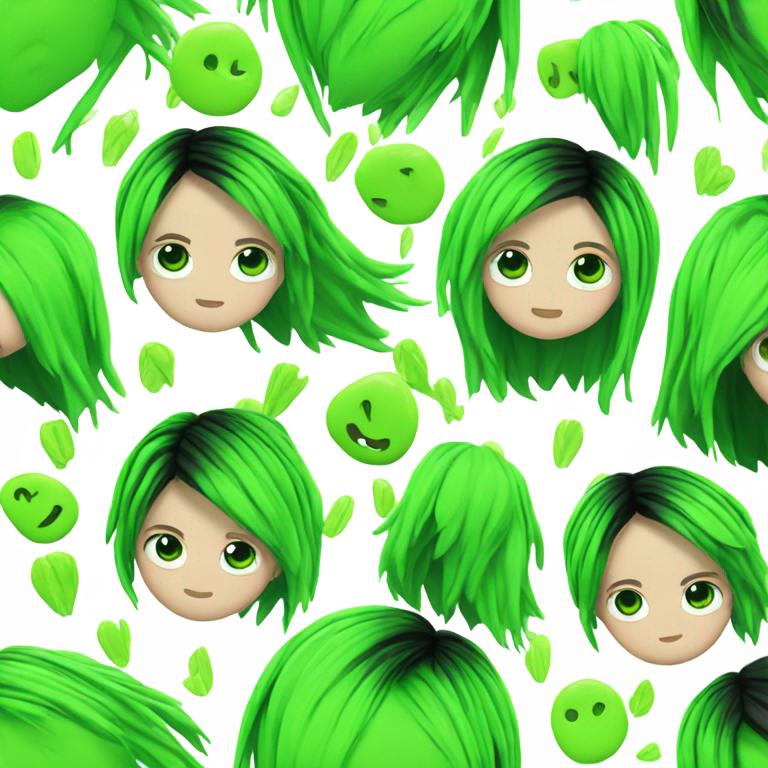 genmoji: Billie eilish with green roots and black rest of hair wearing a neon green shirt with stick figures on it
