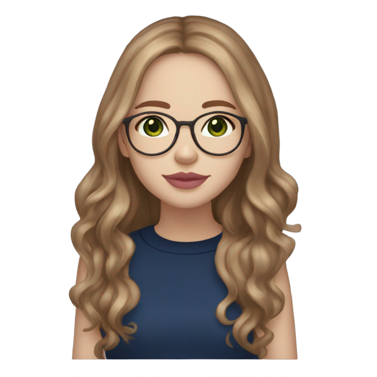 genmoji : Fille aux cheveux châtain très clair, longs et en couches, yeux verts, lunettes dorées, lèvres roses, peau claire, portant un haut bleu foncé de Brandy Melville et une raie au milieu.