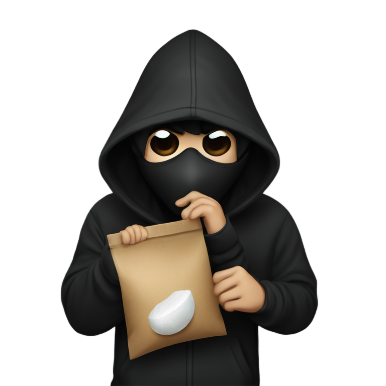 genmoji：蒙面黑衣人，戴兜帽，眼下有黑眼圈，一手指示安静，仿佛在说秘密，另一手拿着装满盐的透明袋子。