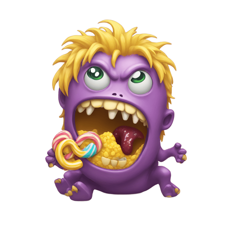 genmoji：Monster with yellow hair eating candy