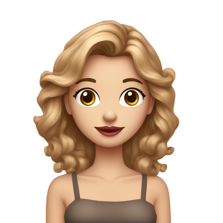 genmoji: mädchen, mit langen hellbraunen haaren und hellbraunen augenbrauen. sie hat lange wimpern und eine schmale nase und natürliche rosa lippen. und blaue augen und sie soll lächeln und ein handy in der hand halten