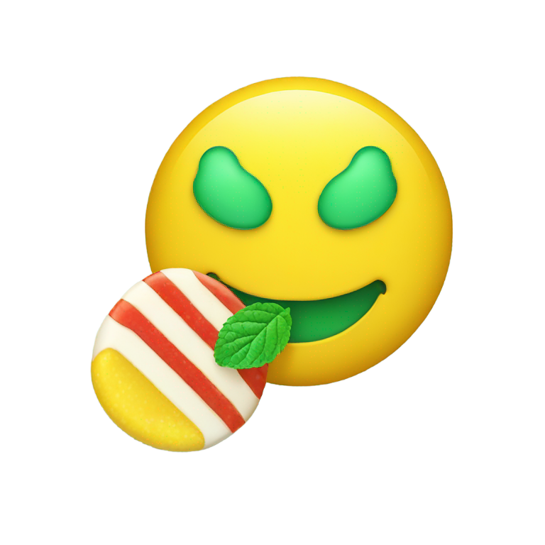 genmoji：Yellow smiley face eating a mint candy piece
