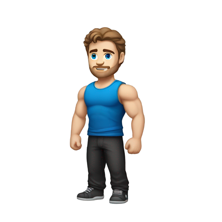 genmoji：强壮的白人男性，棕色头发，蓝色眼睛，黑色背心，银链，交叉双臂
