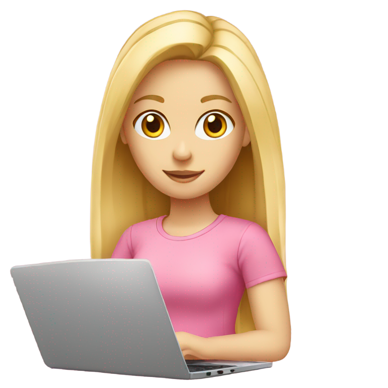genmoji：blonde white girl pink t-shirt with the grey laptop working