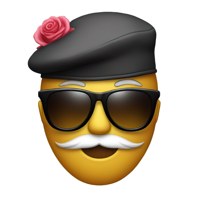 genmoji: An emoji with a rose on it's mouth with a beret and sunglasses.