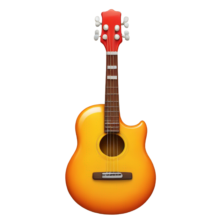 genmoji : Une guitare étrange avec une longue langue rouge comme manche et un visage souriant jaune avec un grand nez orange et de grands yeux, les cordes étant des poils de nez.