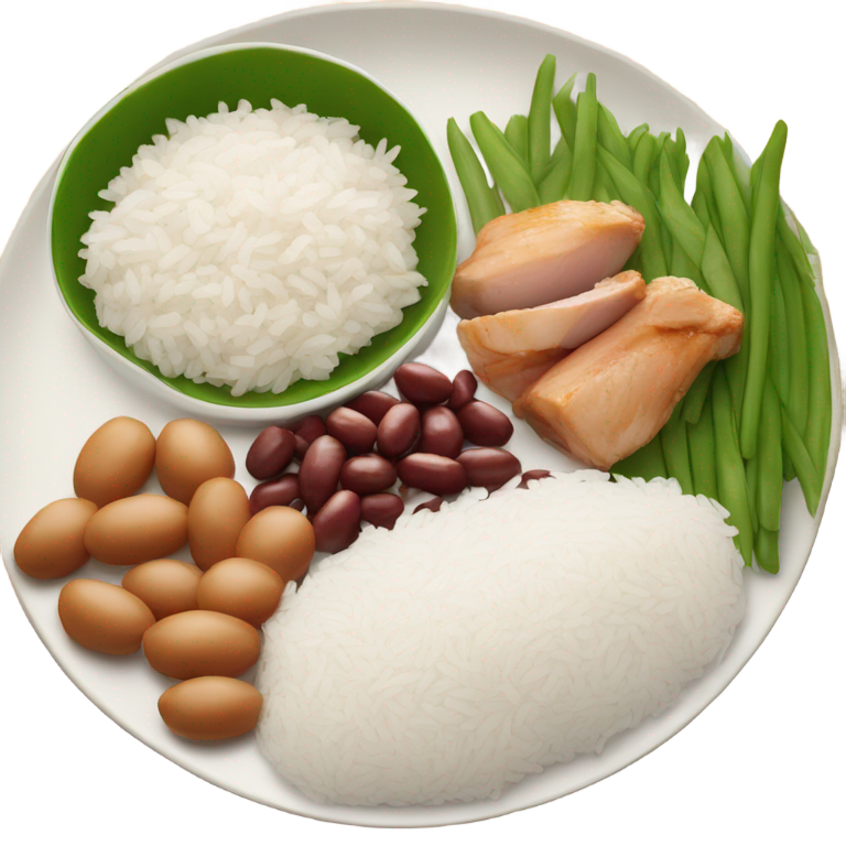 genmoji：Plate of white rice, chicken and brown beans, no eggs, no ham, no green
