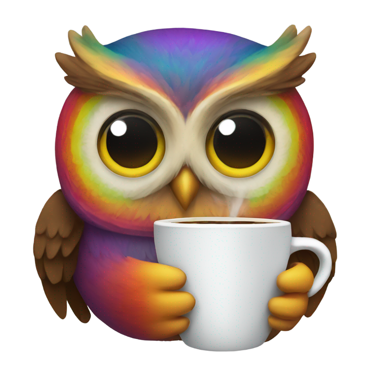 genmoji: Rainbow owl with a cup of coffee