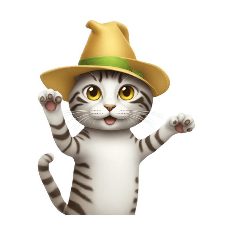genmoji: cat with a hat waving at an alien
