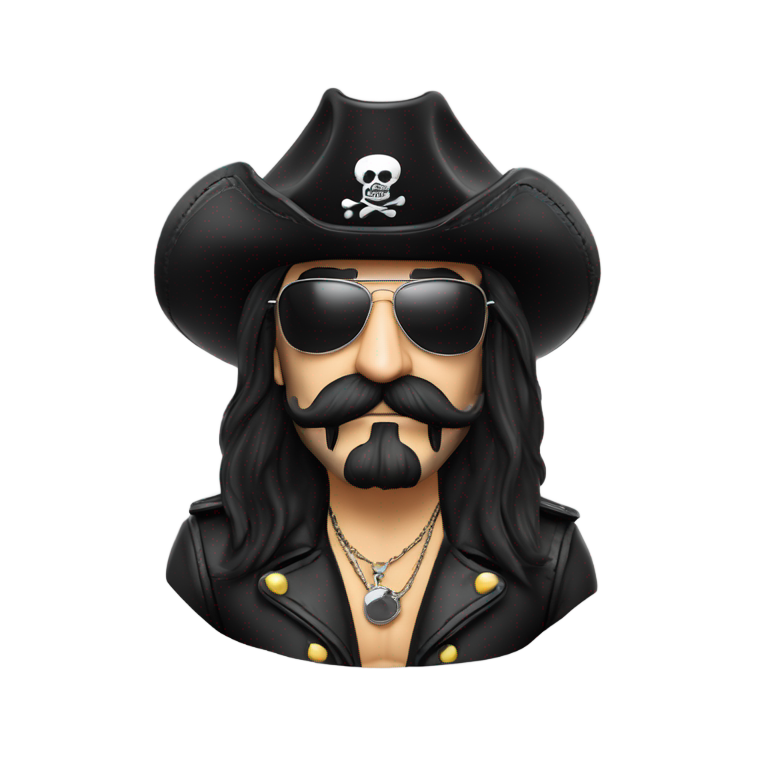 genmoji : Lemmy Kilmister avec lunettes Ray-Ban noires, barbe à la Souvorov reliant moustache, menton et cou dégagés, chapeau haut de forme bas en cuir noir avec drapeau pirate au centre.