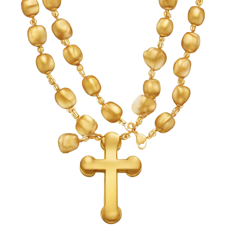 genmoji: realistic golden rosary chain in Apple iOS emoji style, round beads with soft shine, small crucifix pendant, 3D rounded soft shading,