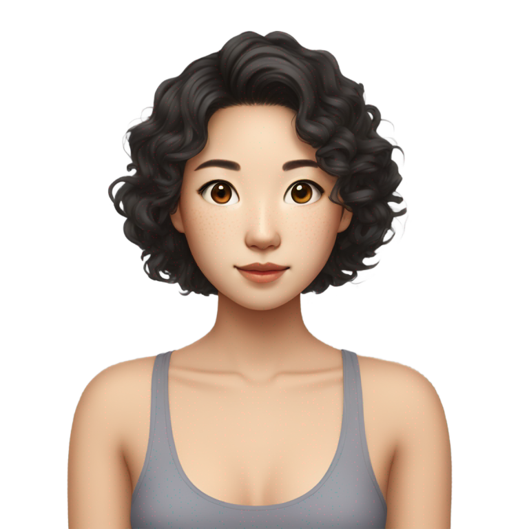 絵文字：アジア系の女の子、少しウェーブのかかった肩までの髪、目立たないそばかす、白いタンクトップ着用