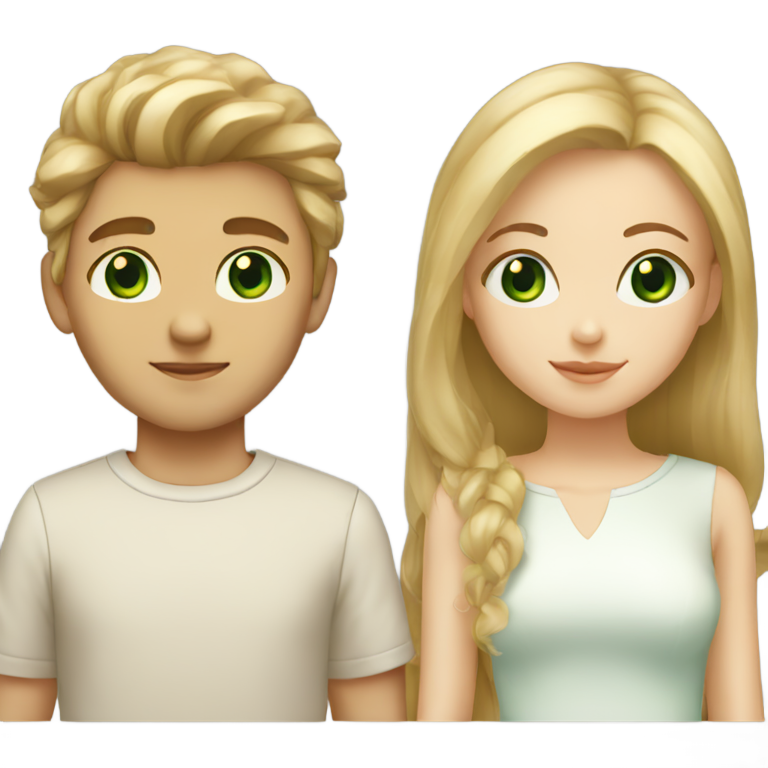genmoji : Fille blonde aux yeux verts et garçon aux cheveux bruns et aux yeux marron ensemble