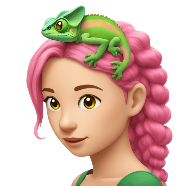 genmoji : Un caméléon sur l'épaule d'une fille aux cheveux roses et aux yeux verts.