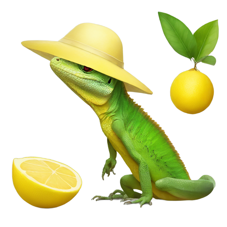 genmoji : Lézard avec un gros citron et un chapeau turc