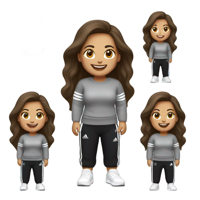 genmoji : Femme aux cheveux longs bruns riant. Haut : pull en laine gris. Jambes : jogging Adidas noir et blanc (3 bandes).