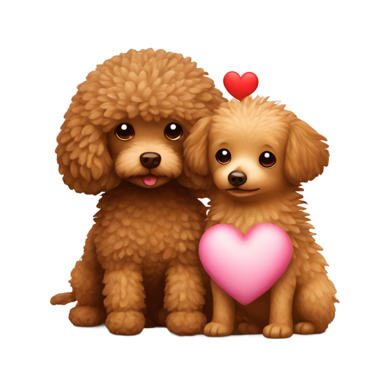 genmoji : Un mignon caniche nain brun et un hérisson brun avec un cœur entre eux, se faisant face.