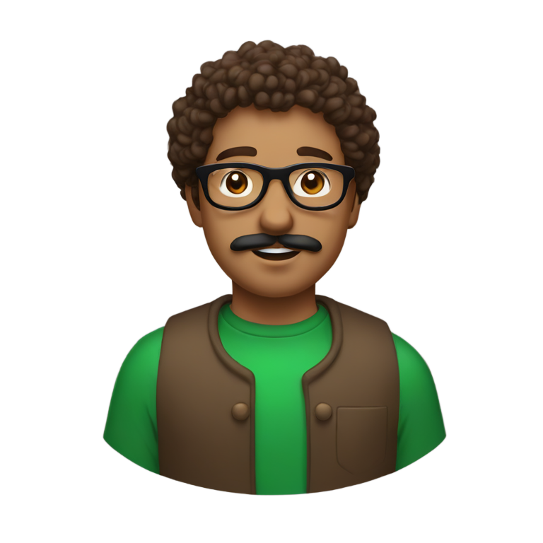 genmoji：浅棕色皮肤的男人，棕色卷发和棕色八字胡，戴圆形眼镜。穿着绿、黑、白撞色圆领衫，领口露出纽扣衬衫。