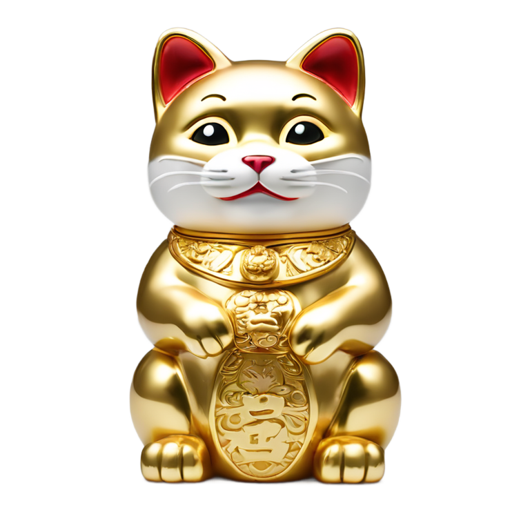 genmoji：纯金打造的皇家风格招财猫，单爪上举，表面抛光至镜面般光亮，奢华而高贵的设计，白色纯净背景，高分辨率。