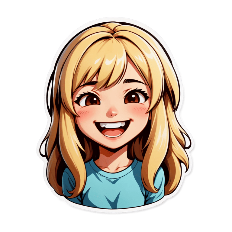 genmoji : Visage ahegao de dessin animé de fille souriante, blonde aux cheveux longs, faisant le geste de la main en forme de pièce.
