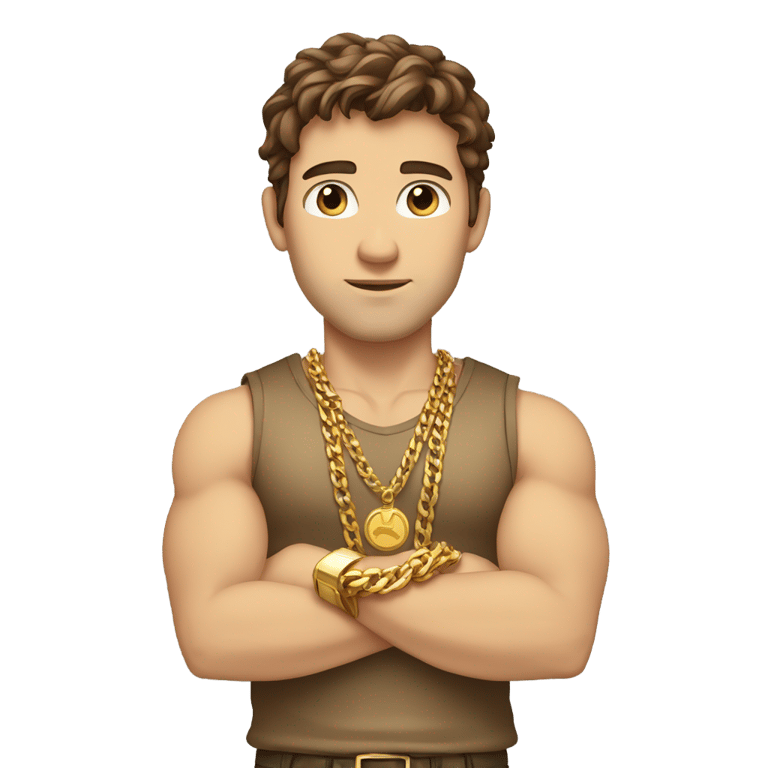 genmoji：棕发强壮白人男性，金色衬衫，多条金链，金色腕带，交叉双臂