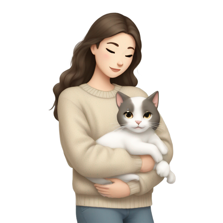 genmoji : brunette girl in beige sweater lovely hugs her white cat with grey spots on it