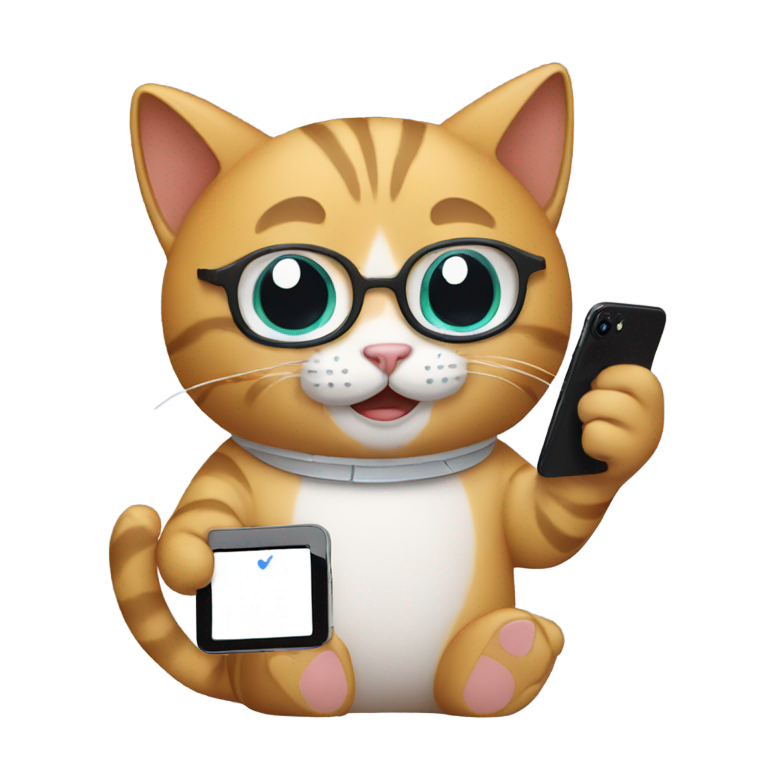 genmoji: A cat with an iphone in his hands and air pods listening to music