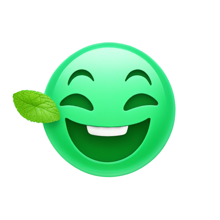 genmoji：Smiley face saying "MINT IS SOOOO GOOD!!!!" with a single mint candy piece in his mouth
