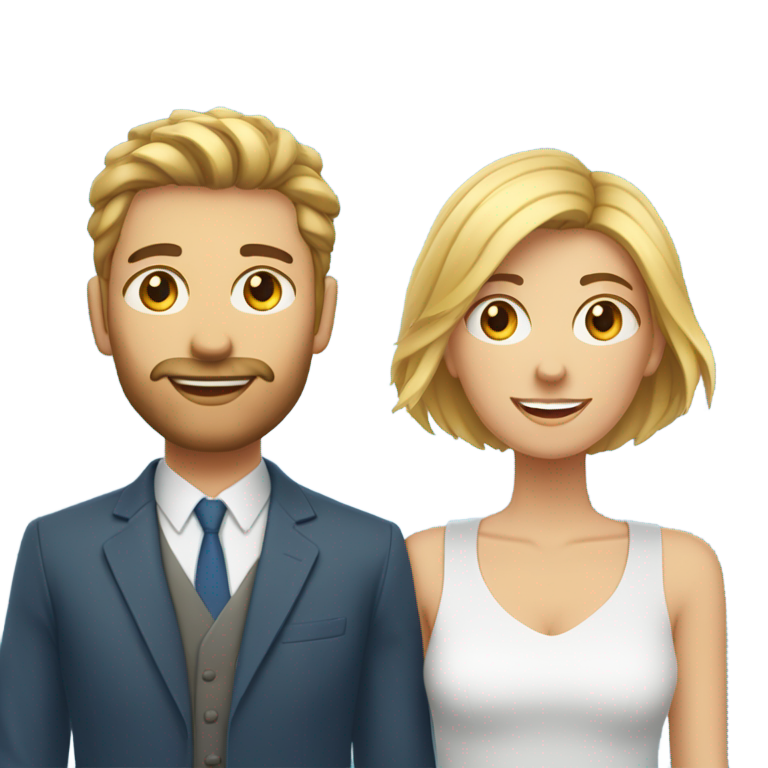 genmoji : Un couple s'embrasse. La femme a des cheveux châtains clairs courts et des yeux bleus, l'homme a des cheveux châtains courts et des yeux bleus.