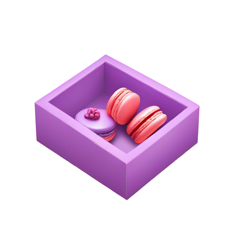 genmoji：一个装有粉红色和紫色百香果馅料的马卡龙的盒子