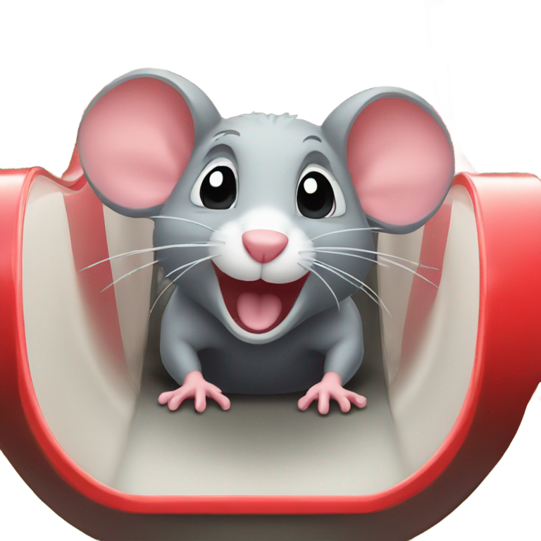 genmoji : Un petit rat au bas d'un toboggan dans un parc