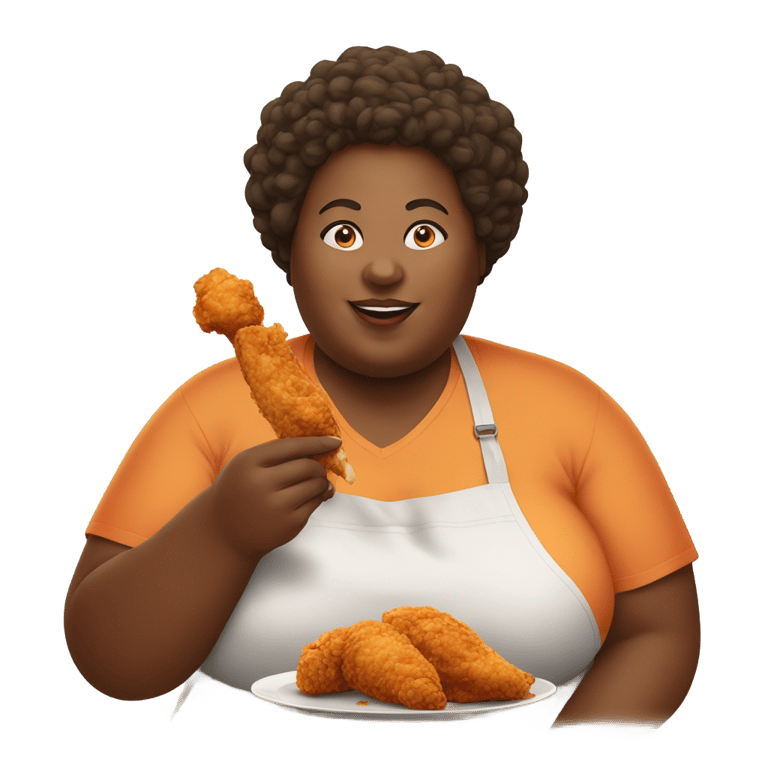 genmoji : Femme kényane en surpoids mangeant une cuisse de poulet frit
