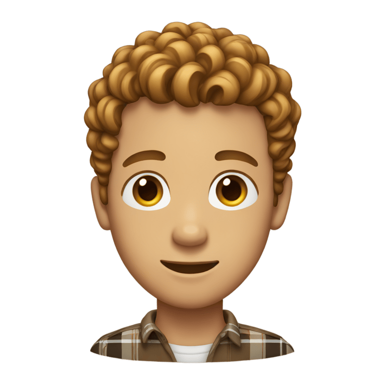 絵文字：長い首のチェック柄を着た、軽い茶色の短いカールヘアの男性