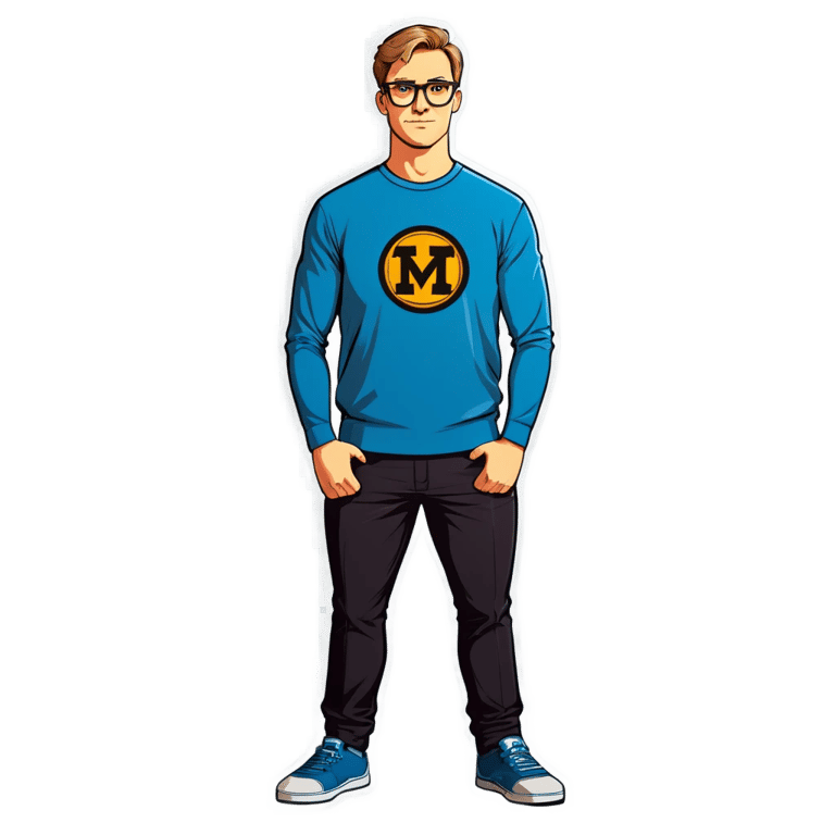 genmoji : Grand homme aux cheveux courts blond foncé, portant un maillot et des lunettes de nerd, dans une pose cool.