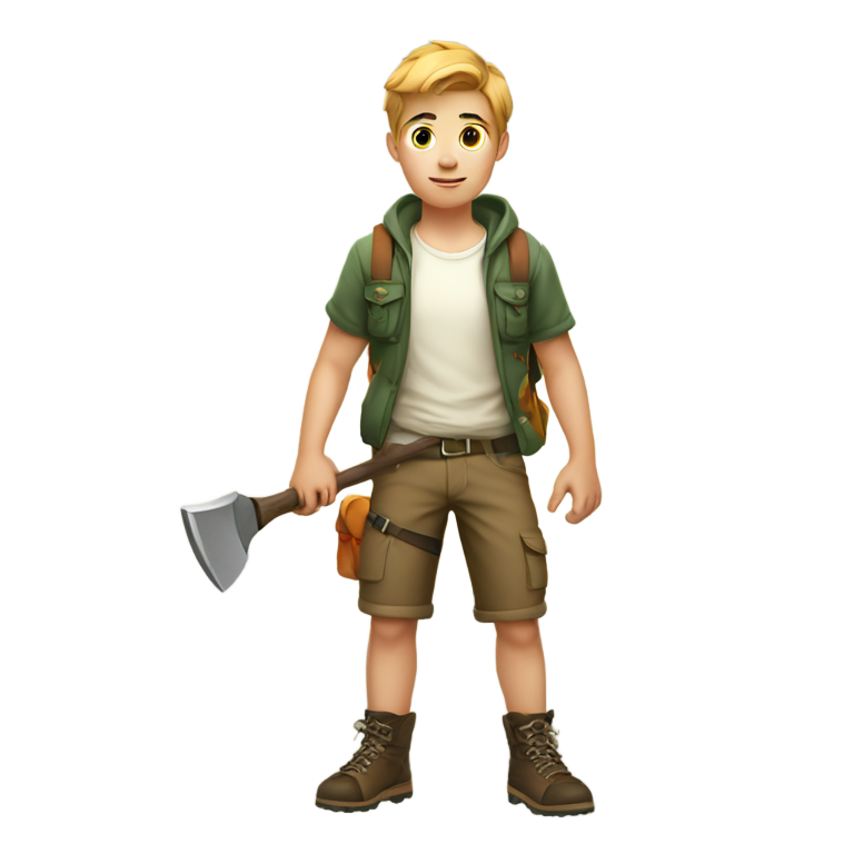 genmoji : Beau adolescent blanc en tenue de camping avec une petite hache dans la poche, en pied.