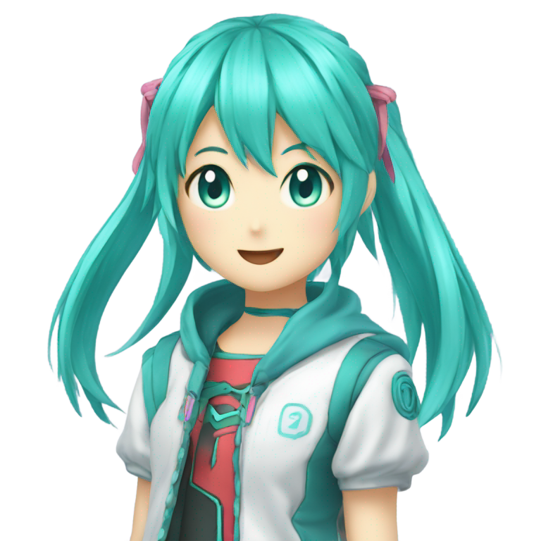 genmoji: miku with an inverted color scheme violently scraping beyblades in my neighbor's sister's house