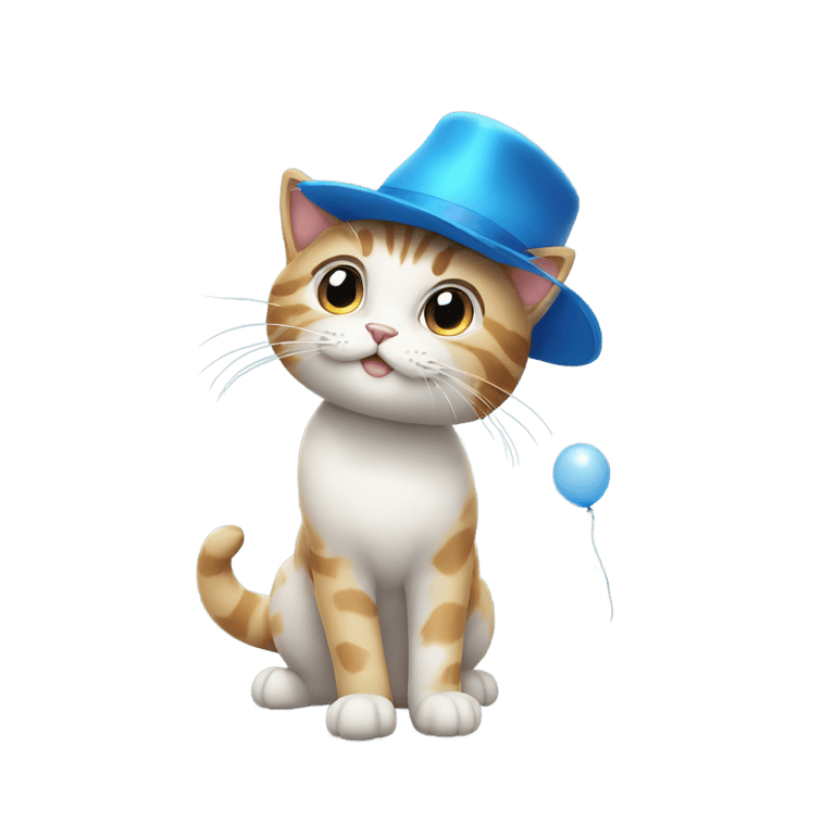 genmoji: cat with a blue hat and a balloon in its hand