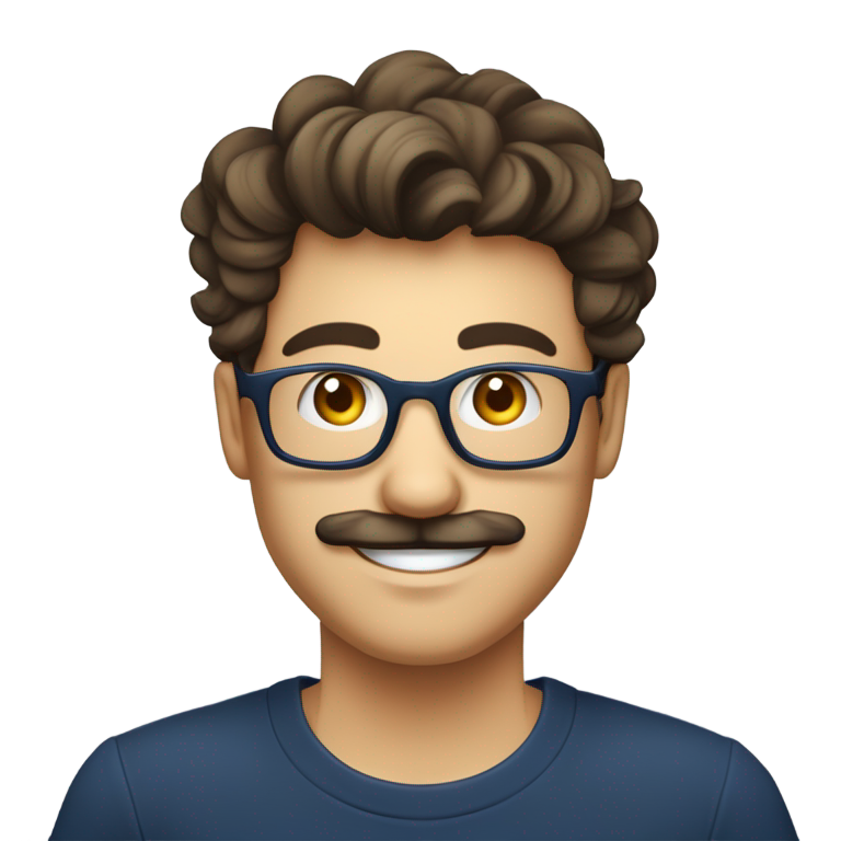 genmoji: Jeune homme souriant, cheveux mi-longs châtain clair décoiffés, lunettes rondes, fine moustache et bouc, chemise bleu marine sur t-shirt noir, fond blanc.
