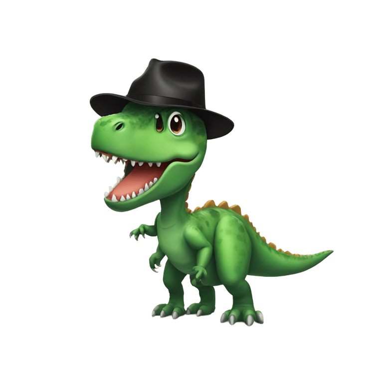 genmoji : Dinosaur in a with a black hat