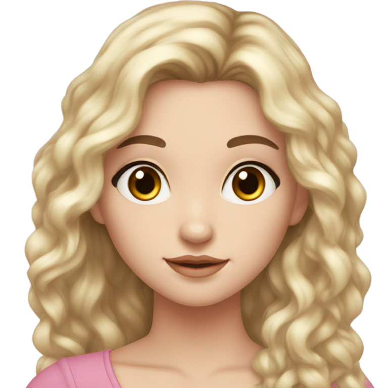genmoji : Fille caucasienne à la peau rose clair, avec des cheveux longs et volumineux noirs et des yeux marron foncé, maquillage naturel.