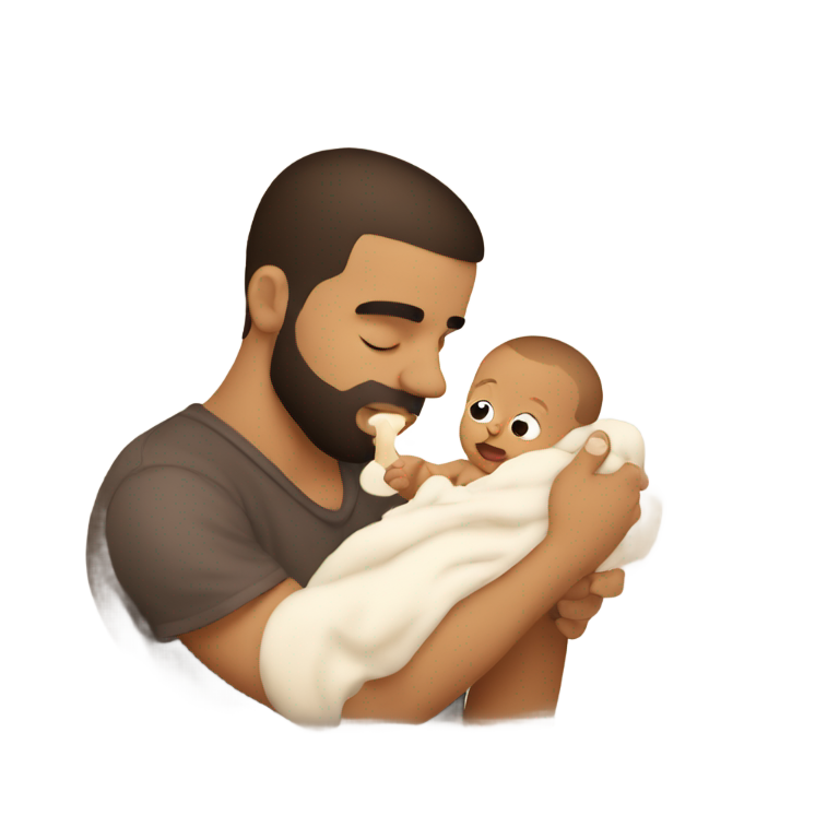 genmoji: drake holding a newborn baby, drake with a thought bubble that has a censored beige blur