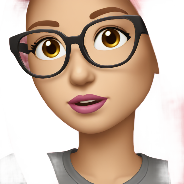 genmoji : Belle fille aux cheveux blonds longs et raides, yeux marron foncé, longs cils, lèvres roses et pulpeuses, lunettes noires, chemise grise.