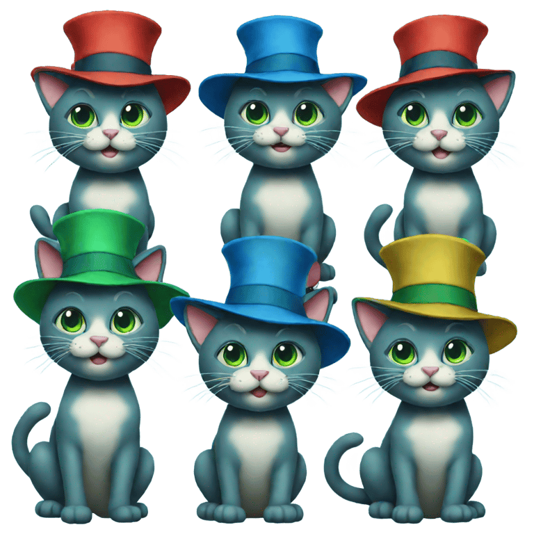 genmoji：蓝猫戴着帽子走进了有蓝绿交替板的绿色房子