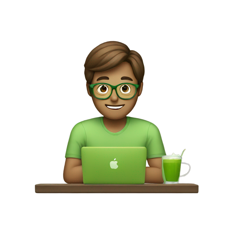 genmoji : Homme emoji avec lunettes, cheveux bruns longs, en train d'envoyer un email sur un MacBook vert/matcha.