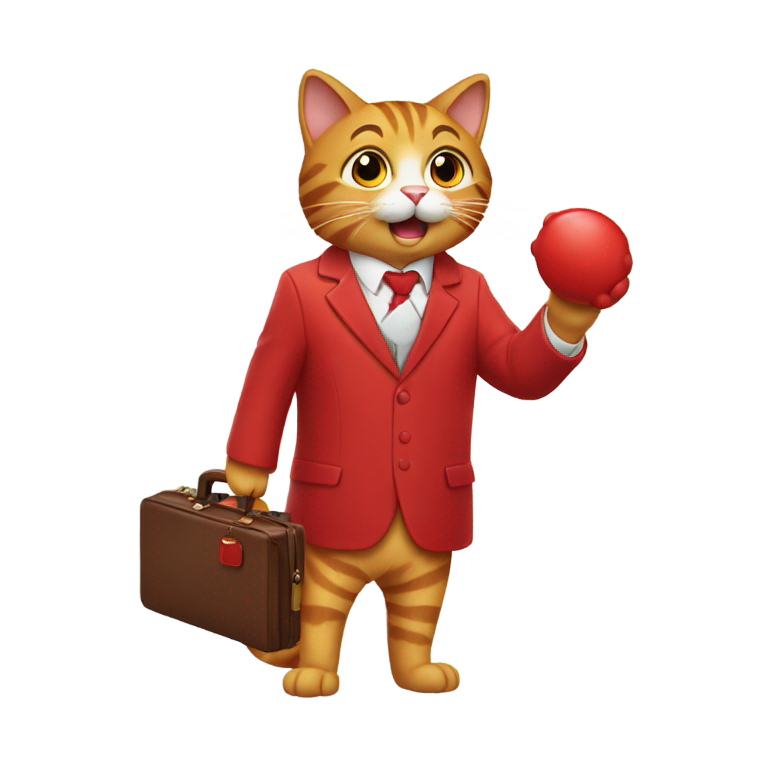 genmoji: a cat with a red cat and a red suit with a little red briefcase waving happily