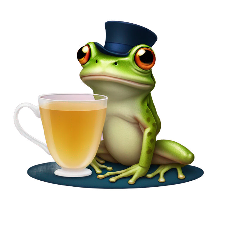 genmoji : Grenouille buvant du thé avec un chapeau britannique, petit doigt levé
