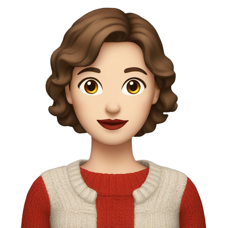 genmoji : Une femme aux cheveux courts bruns avec une frange, à la peau blanche, aux yeux marron, portant un pull rouge et du rouge à lèvres rouge.