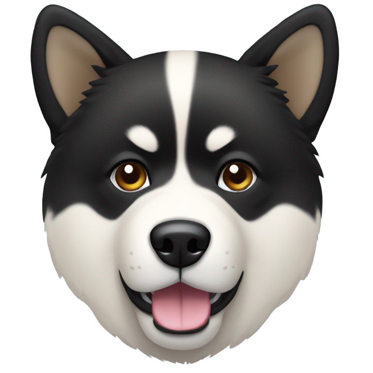 genmoji: Black Akita dog face, wide, like a bear, with pointy ears, with just a tiny patch of white under his mouth